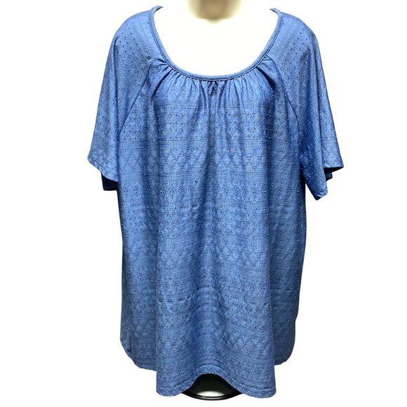 Como Vintage Womens Plus Size 2X Blue Short Sleeve Pleated Blouse Top - Picture 1 of 12